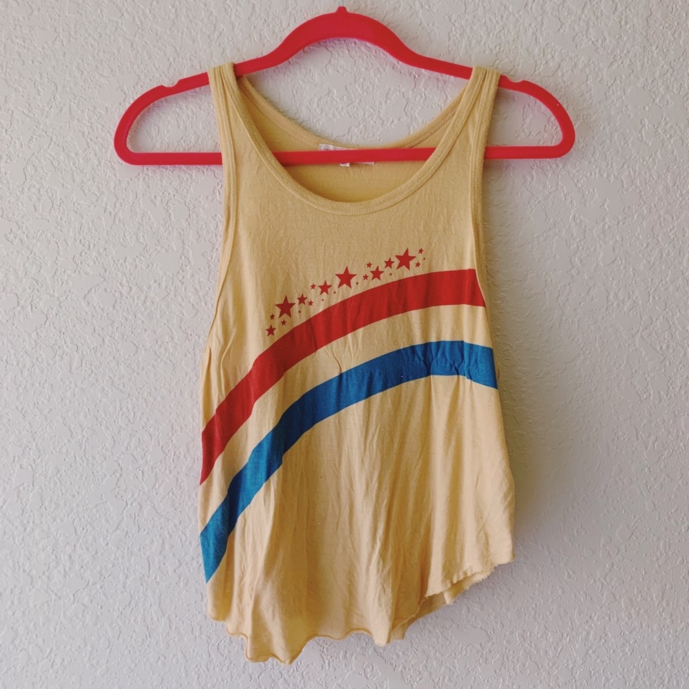 yellow tank top with blue and red stars